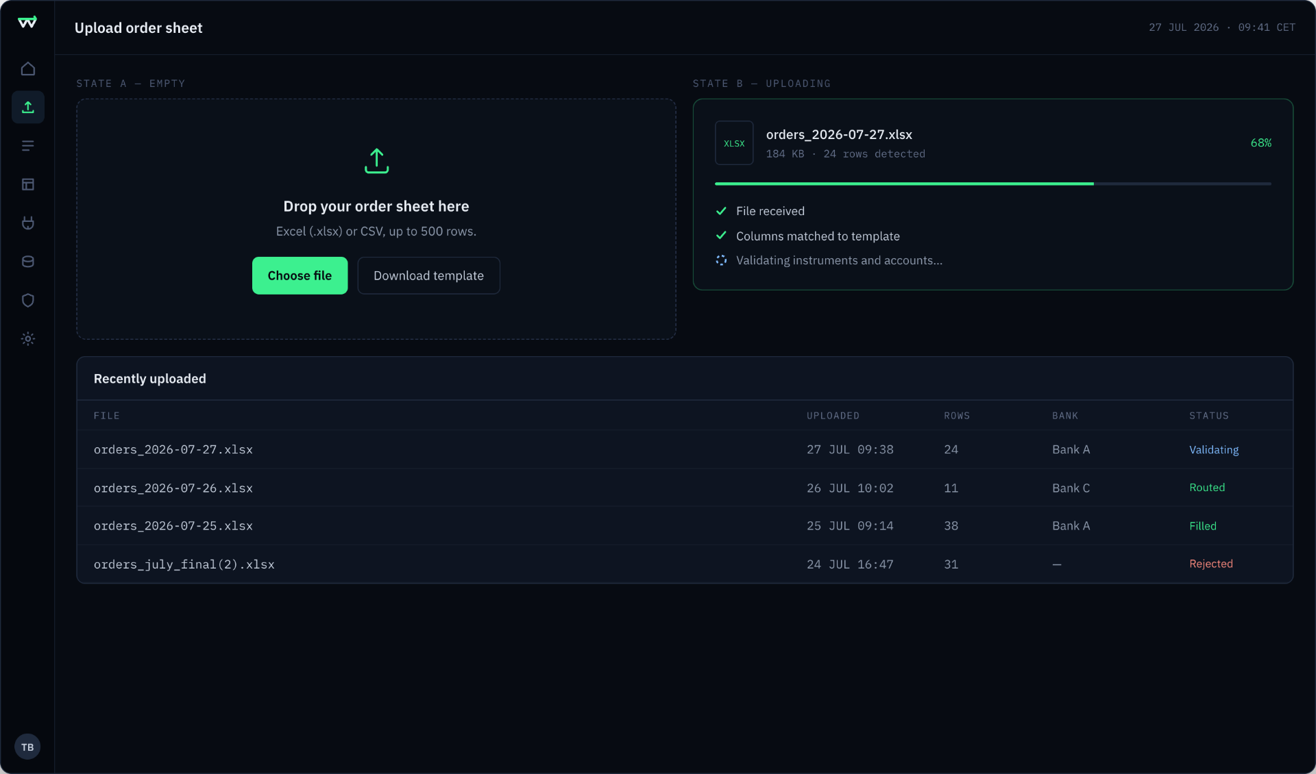 Upload order sheet screen in the WealthWire order management system