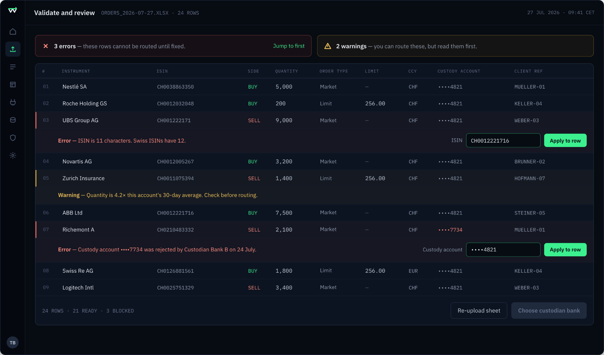 Validate and review screen in the WealthWire order management system