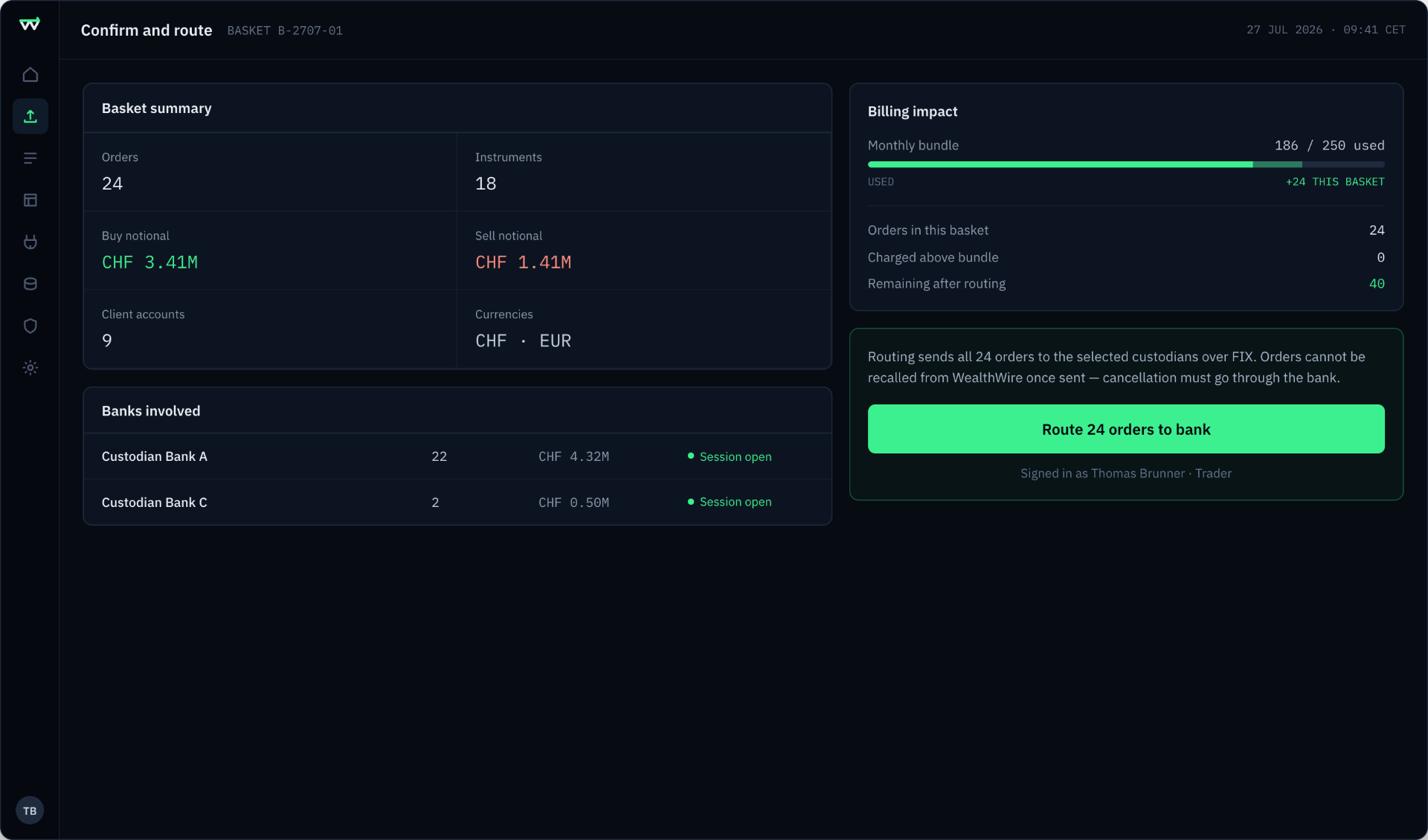 Confirm and route screen in the WealthWire order management system