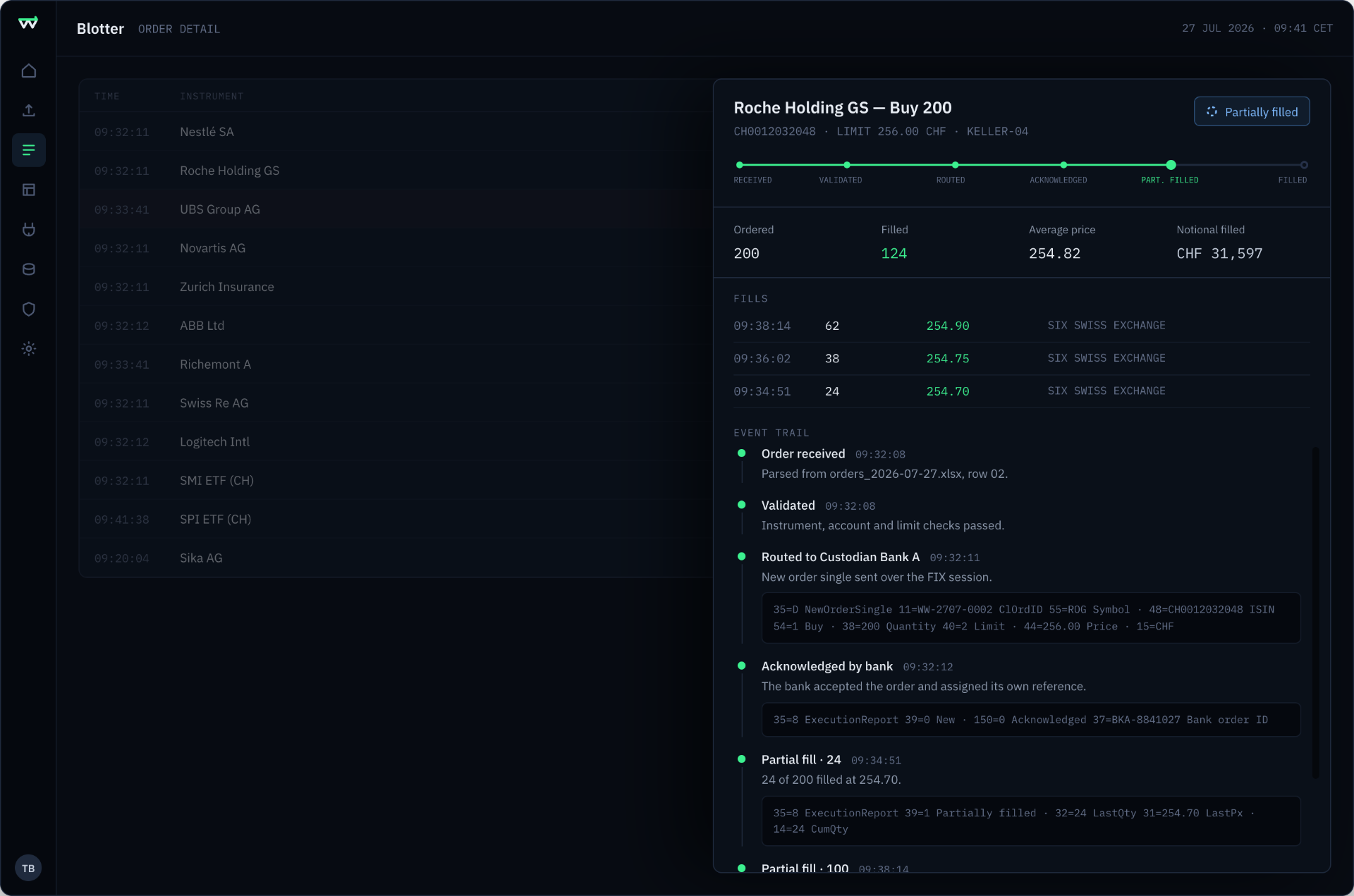 Order detail screen in the WealthWire order management system